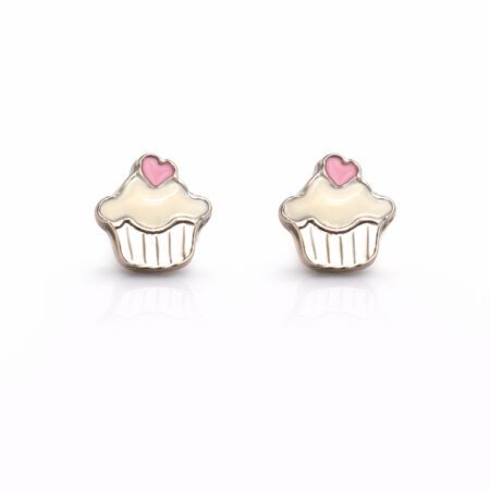 Ασημένια Παιδικά Σκουλαρίκια 925° Cupcake με Σμάλτο και Ροζ Καρδιά - EA261