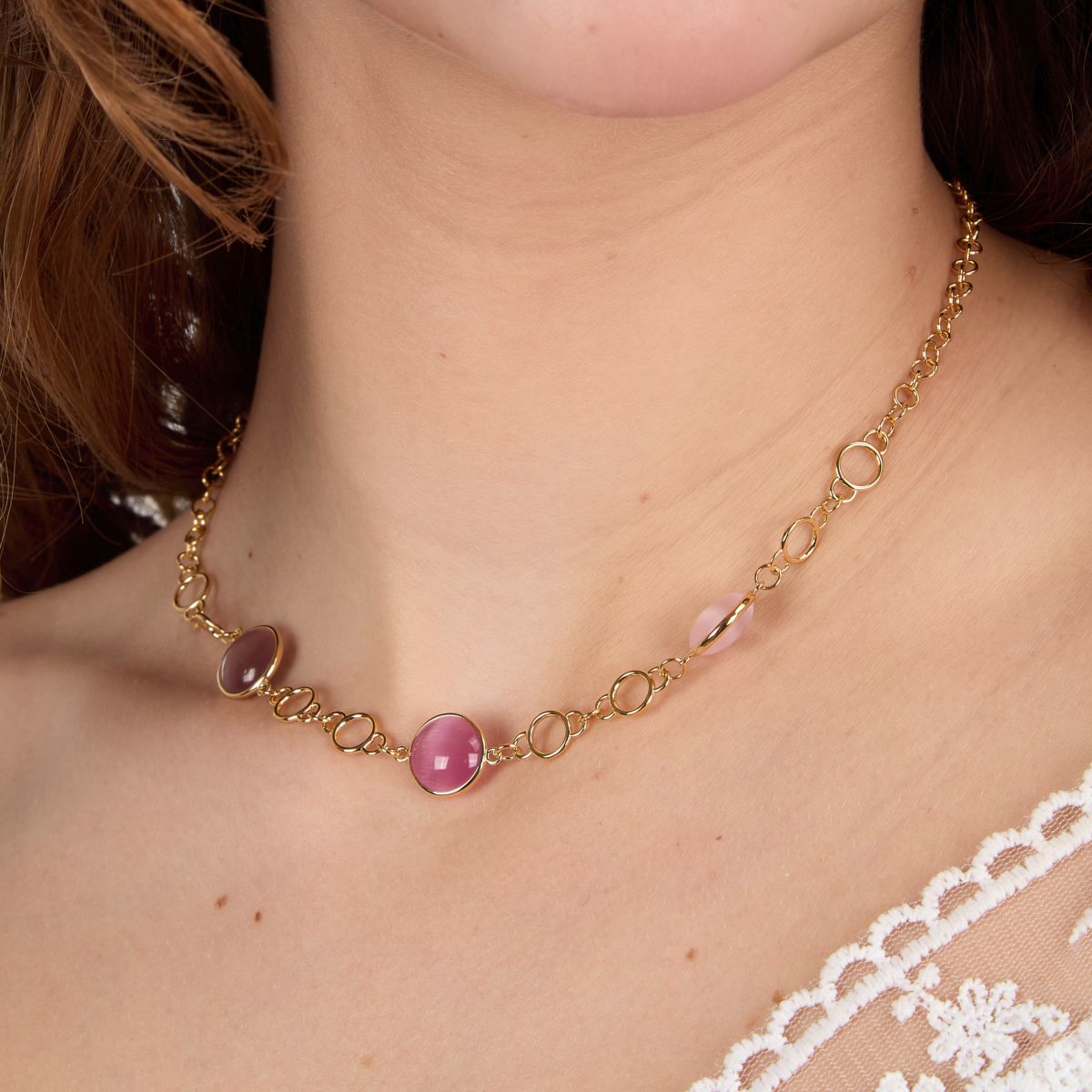 Ασημένιο Κολιέ Venezia - 3 Pink Cat eye stones - MORELLATO - SAZM14
