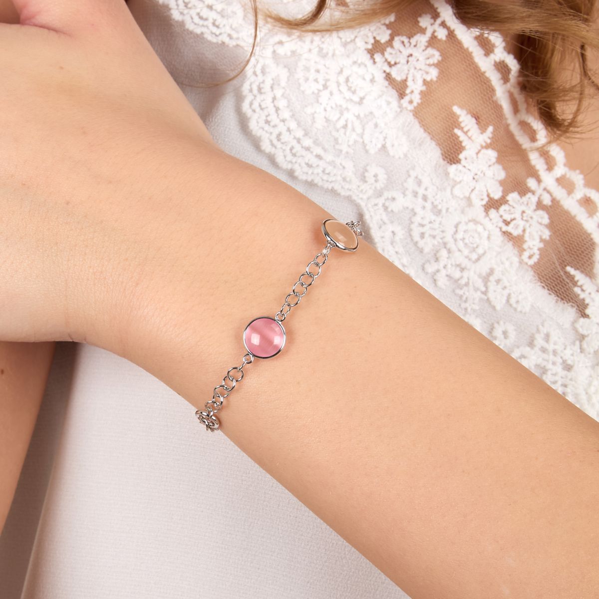 Ασημένιο Βραχιόλι Venezia - 3 Pink Cat eye stones - MORELLATO - SAZM22
