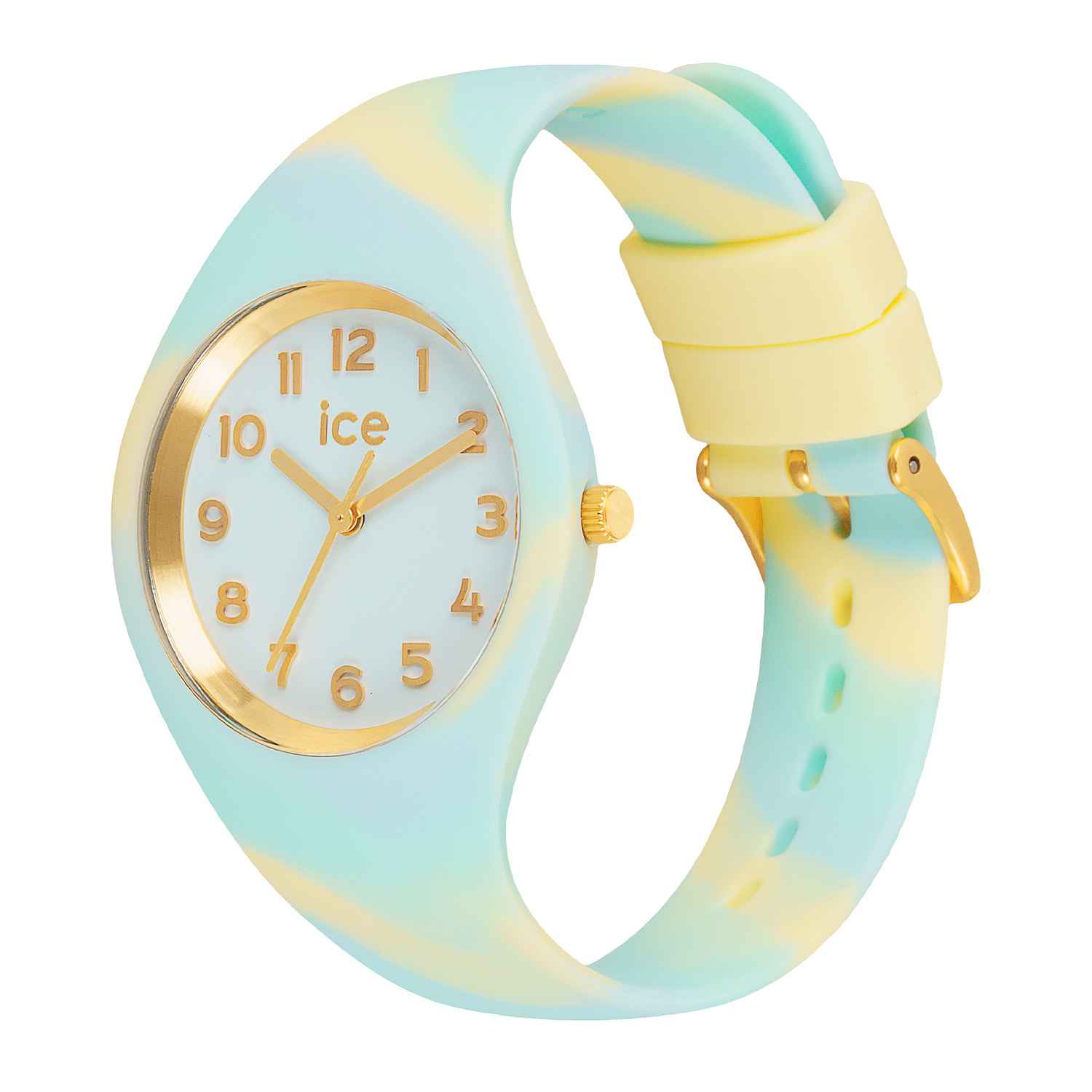 Γυναικείο Ρολόι ICE-WATCH 020949 ICE Tie and Dye Fresh Mint με παστέλ αποχρώσεις, χρυσαφί λεπτομέρειες και άνετο λουράκι σιλικόνης.